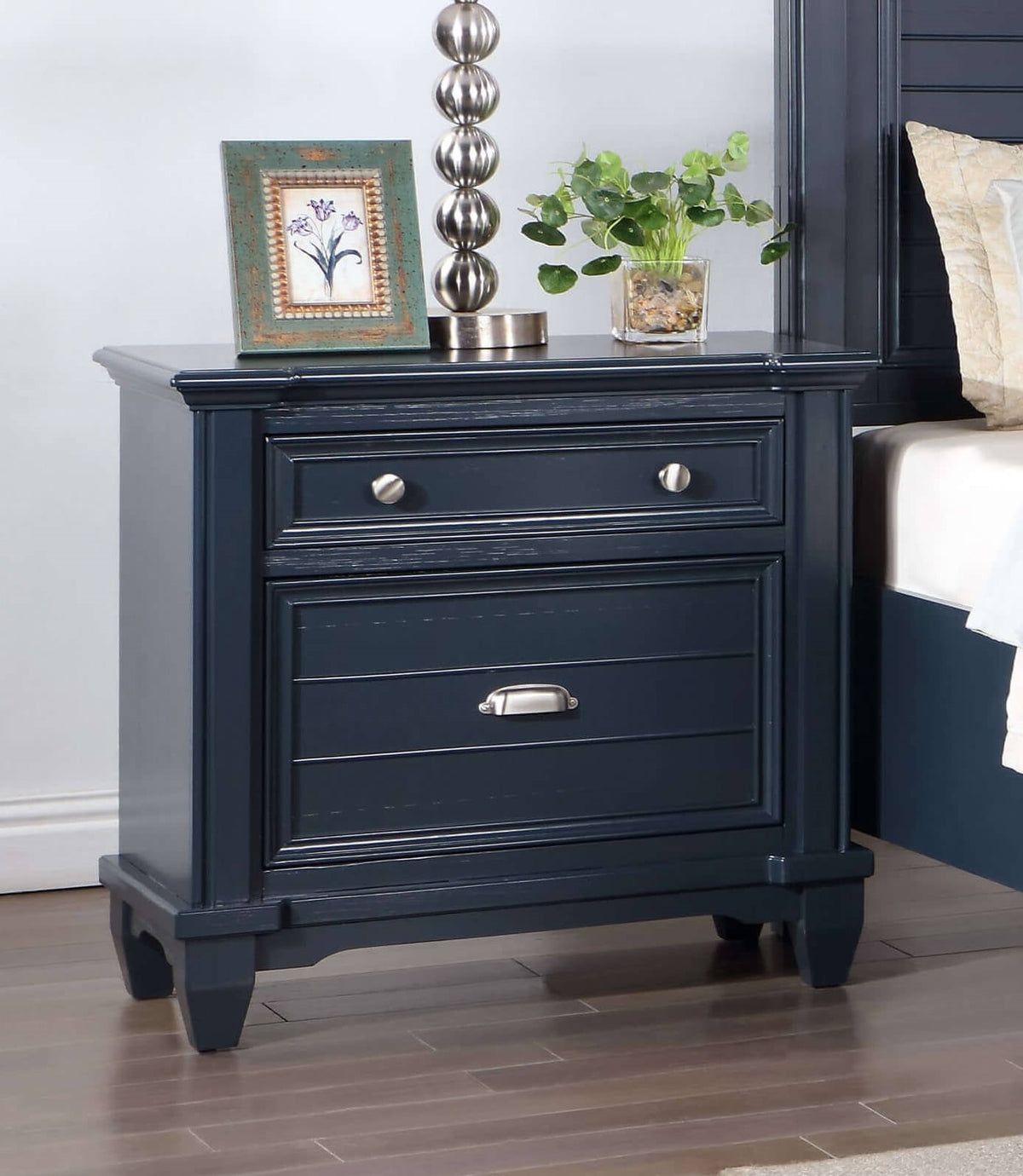 Transitional Style 1pc Nightstand Nickel Round Knobs And Cup Pull Ball Bearing Glide Slate Blue Finish Bedroom Furniture
