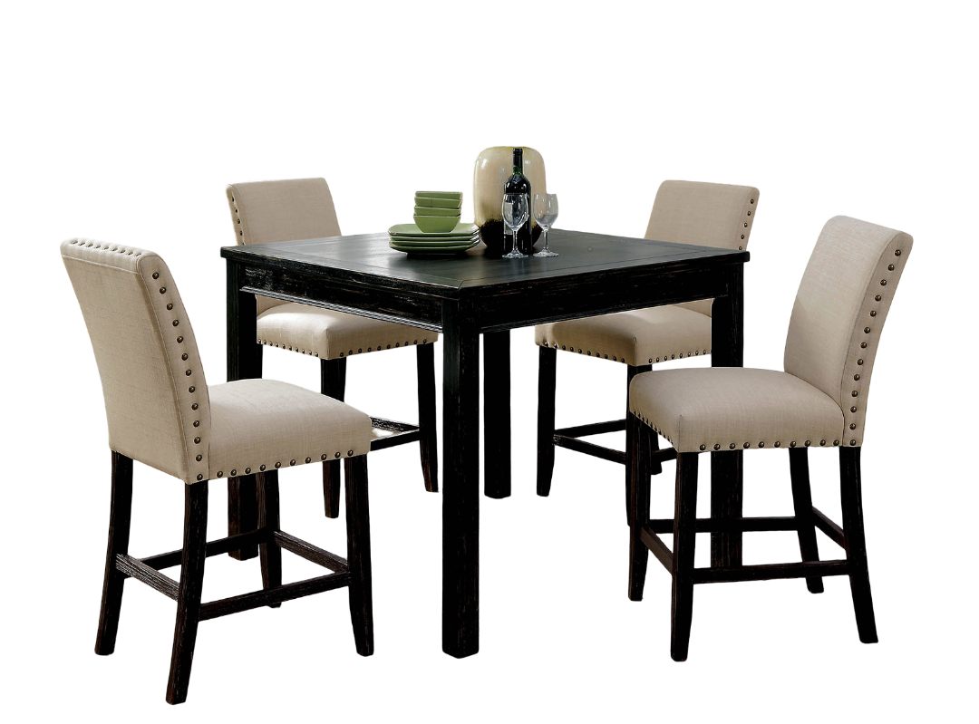 Rustic Style 5pc Counter Height Dining Table Set 1x Table 4x Chairs Fabric Chairs Bold Distressed Detail Nailhead Trim Antique Black Finish
