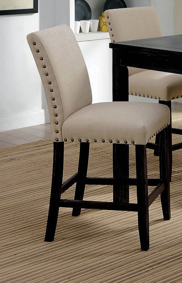 Rustic Style 5pc Counter Height Dining Table Set 1x Table 4x Chairs Fabric Chairs Bold Distressed Detail Nailhead Trim Antique Black Finish