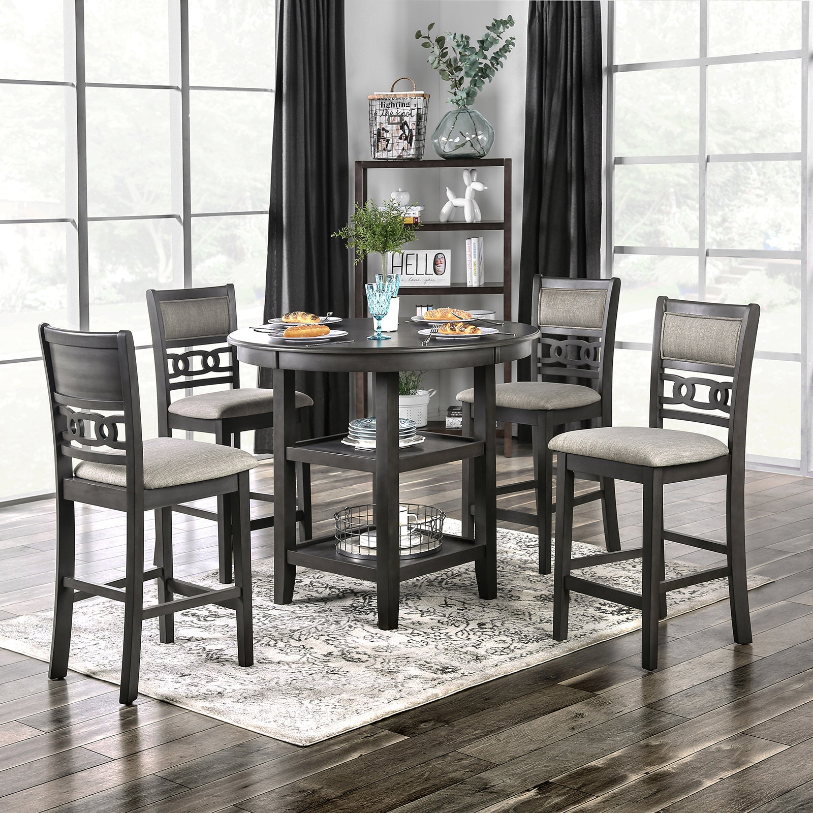 Transitional Style Gray Finish 5pc Counter Height Dining Table Set 1x Table 4x Chairs Round Table Open Shelves Padded Seat And Back