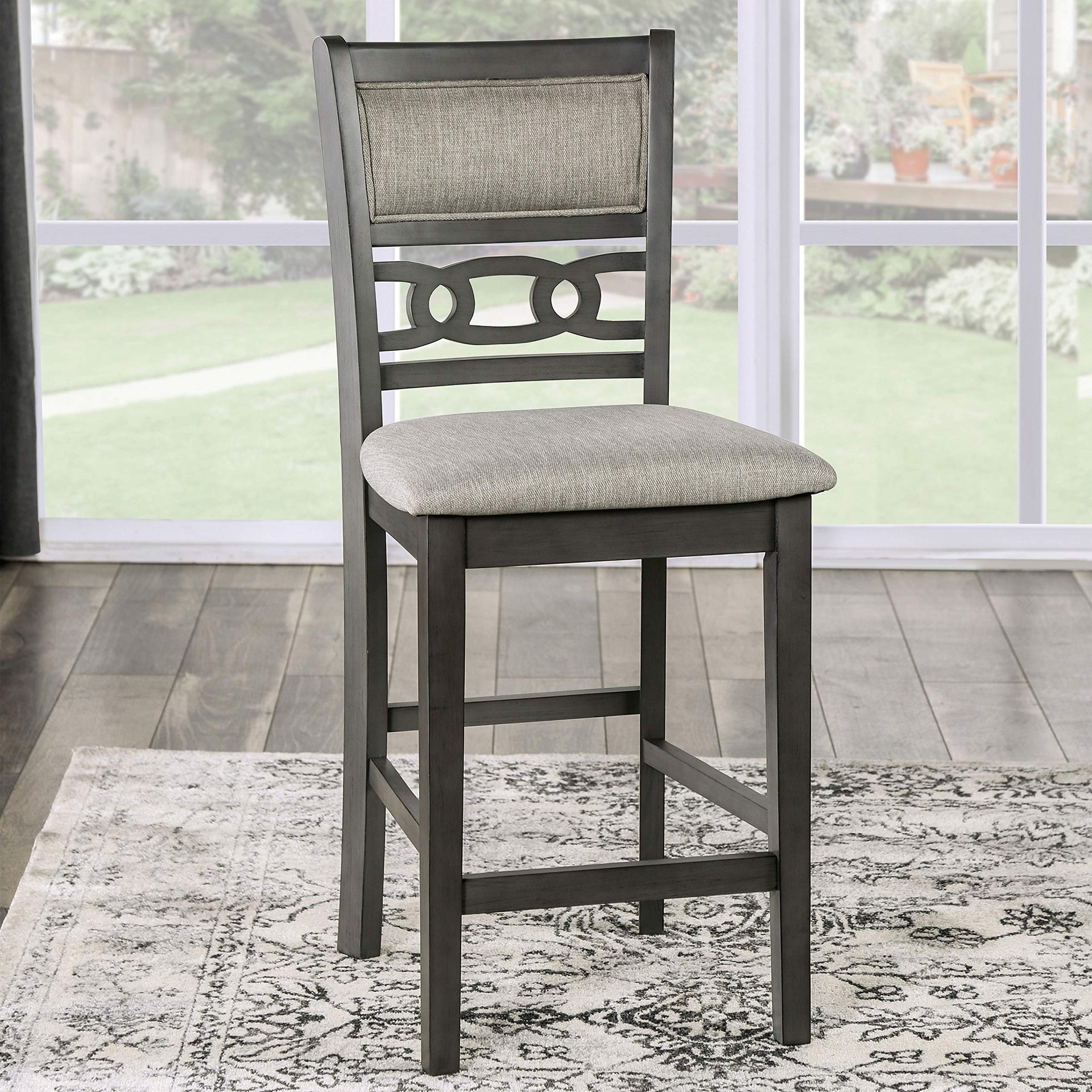 Transitional Style Gray Finish 5pc Counter Height Dining Table Set 1x Table 4x Chairs Round Table Open Shelves Padded Seat And Back