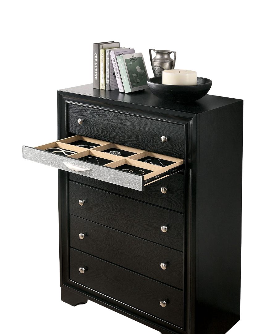 Contemporary Style Black Finish 1pc Chest English Dovetail Drawers Hidden Jewelry Drawer Silver Knobs