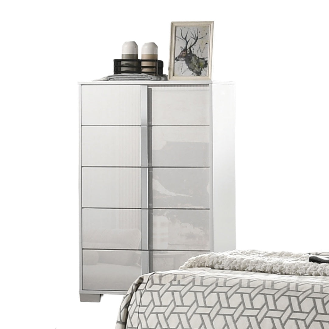 Contemporary Style 1pc Chest UV Finish Chrome Legs And vertical Handles Ball Bearing Glides White Bedroom Furniture