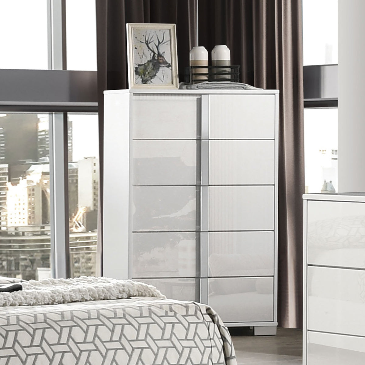 Contemporary Style 1pc Chest UV Finish Chrome Legs And vertical Handles Ball Bearing Glides White Bedroom Furniture