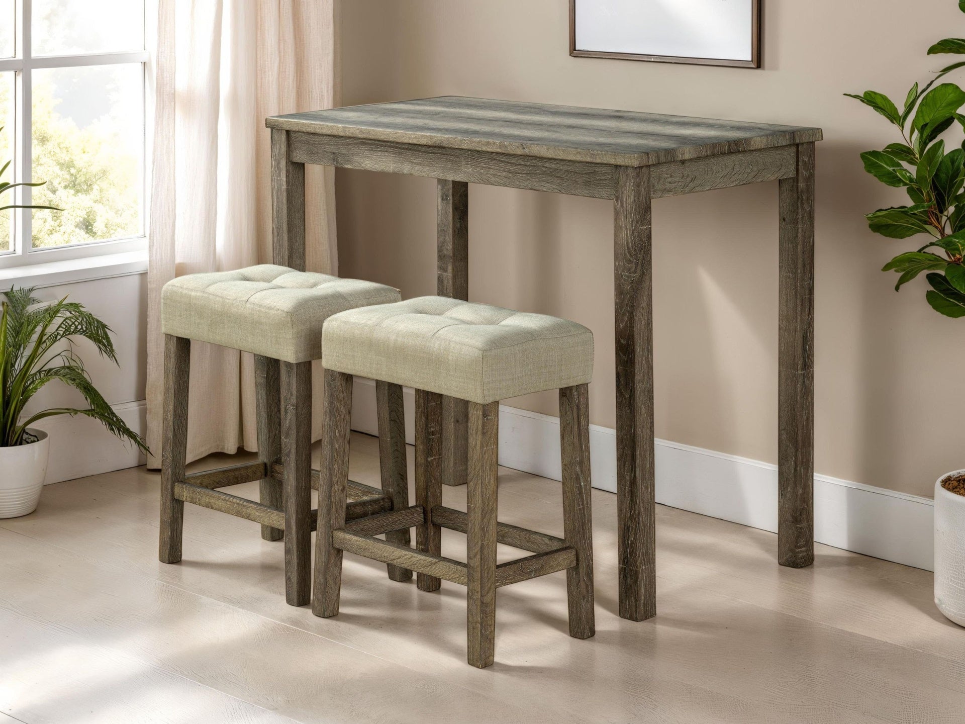 Dining Room Transitional Brown 3pc Dining Set Rubber wood Table 2x Stools Tufted Seat Beige Furniture