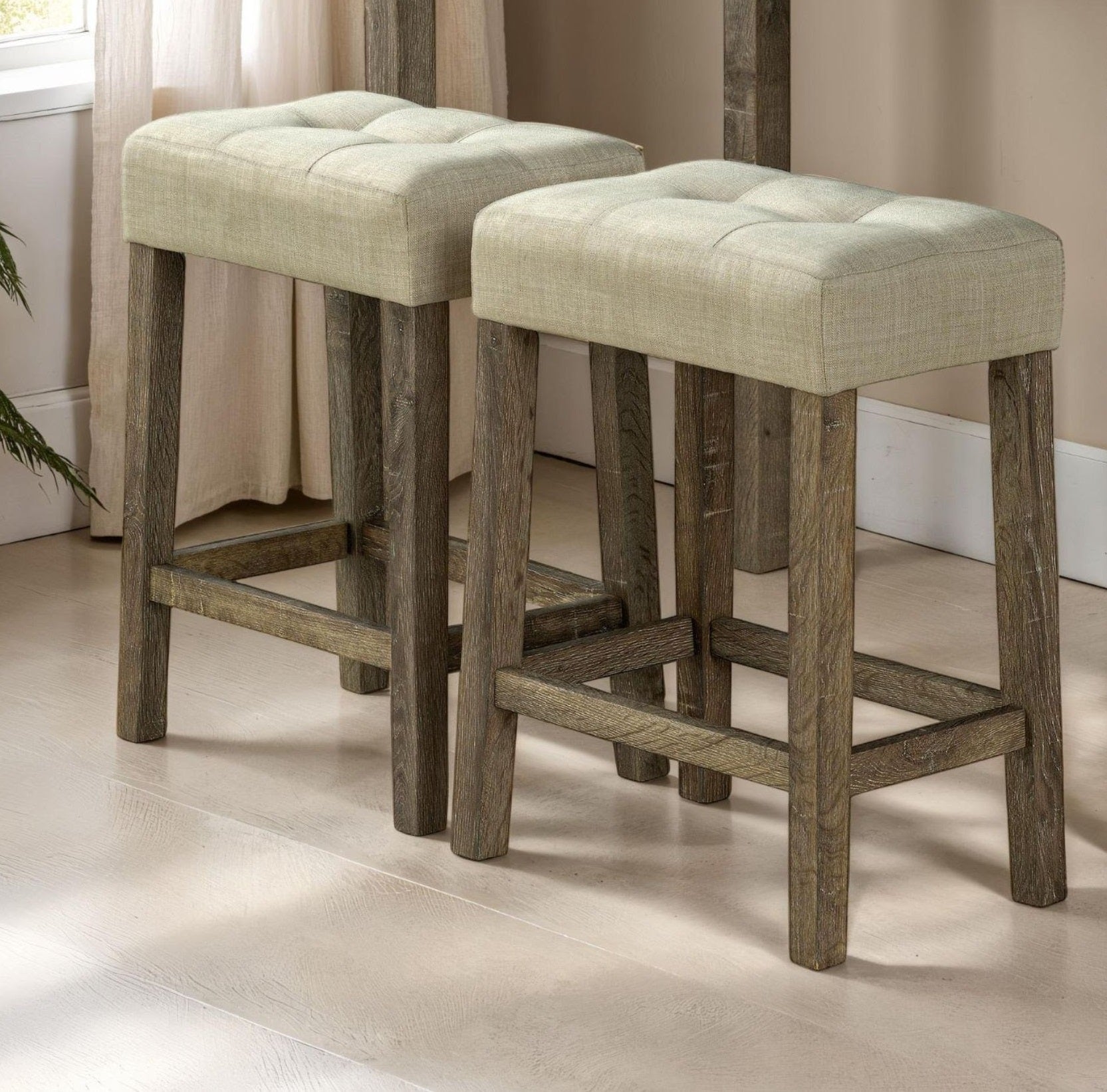 Dining Room Transitional Brown 3pc Dining Set Rubber wood Table 2x Stools Tufted Seat Beige Furniture