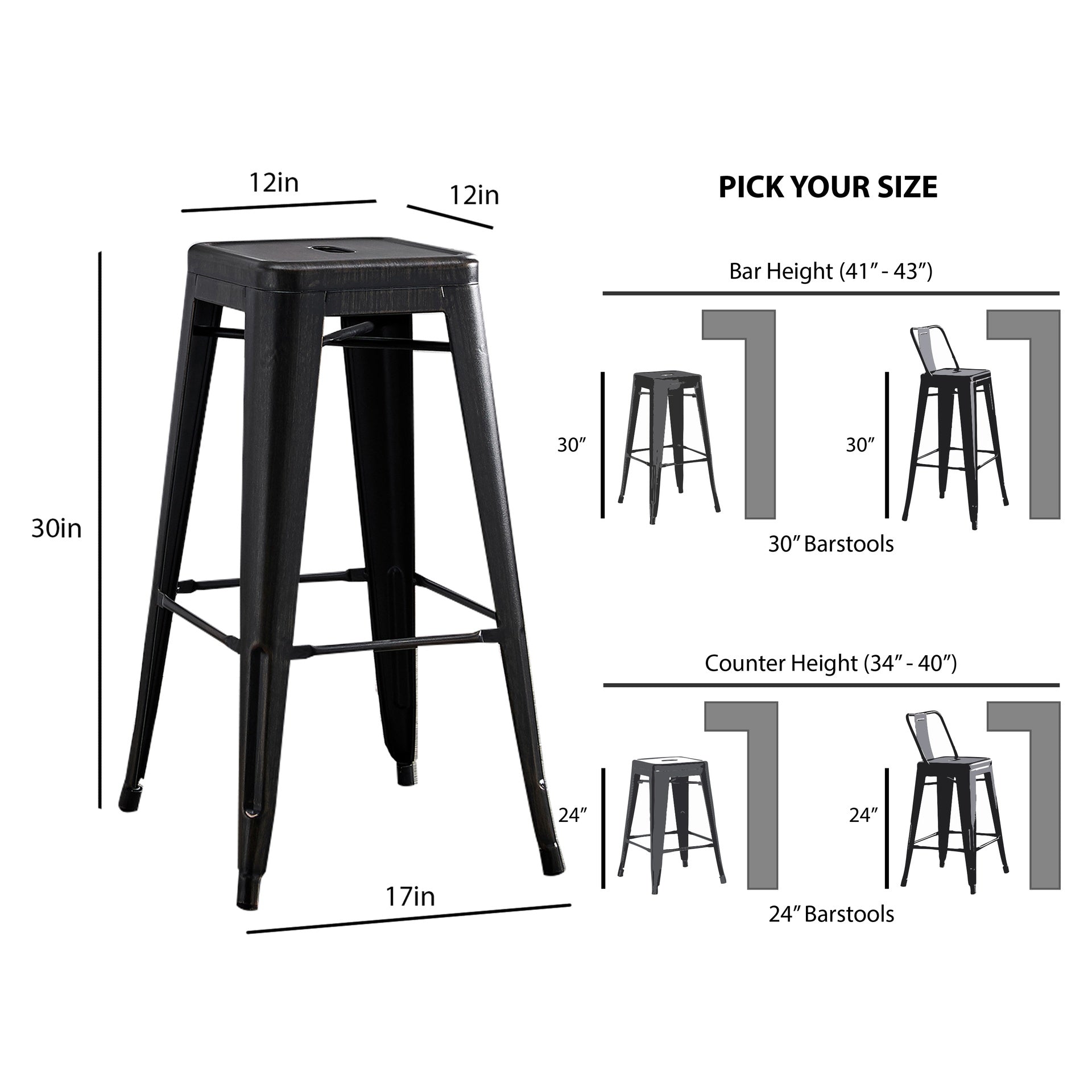 Backless Modern Light Weight Industrial Contemporary Rustic Vintage Costal Metal Bar Stools Without Back and 4 Leg Design (Set of 2) (30" Seat, Distressed Black)