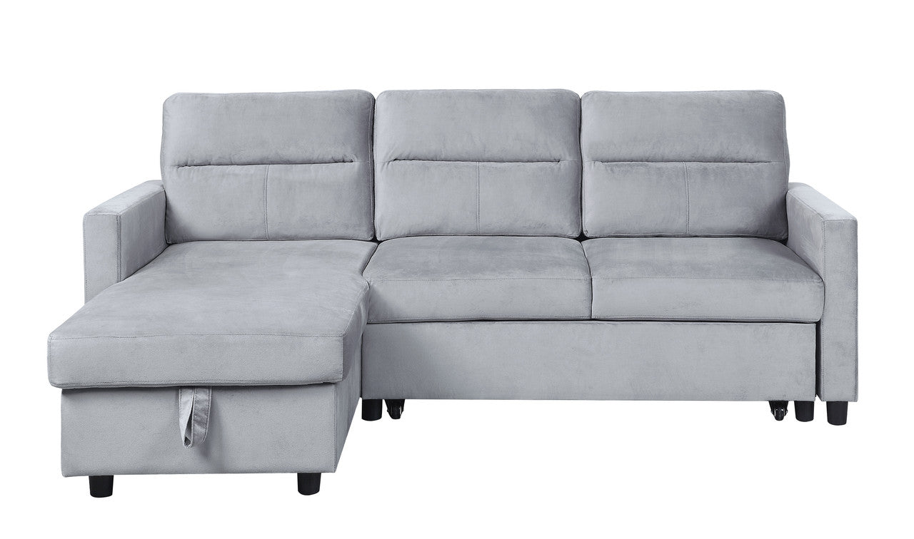 Iride 81.5"W Light Gray Velvet Reversible Sleeper Sectional Sofa with Storage Chaise and Side Pocket