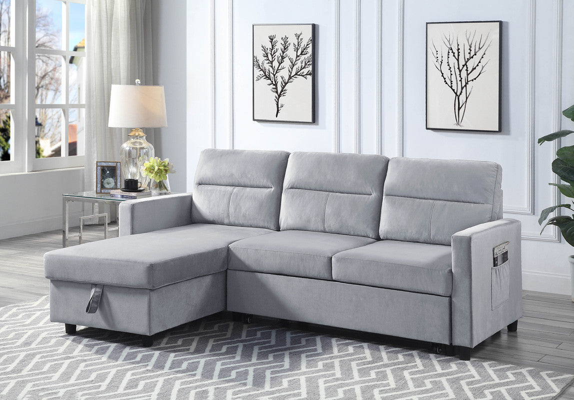 Iride 81.5"W Light Gray Velvet Reversible Sleeper Sectional Sofa with Storage Chaise and Side Pocket