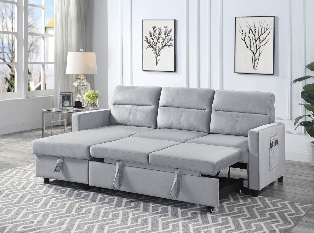 Iride 81.5"W Light Gray Velvet Reversible Sleeper Sectional Sofa with Storage Chaise and Side Pocket