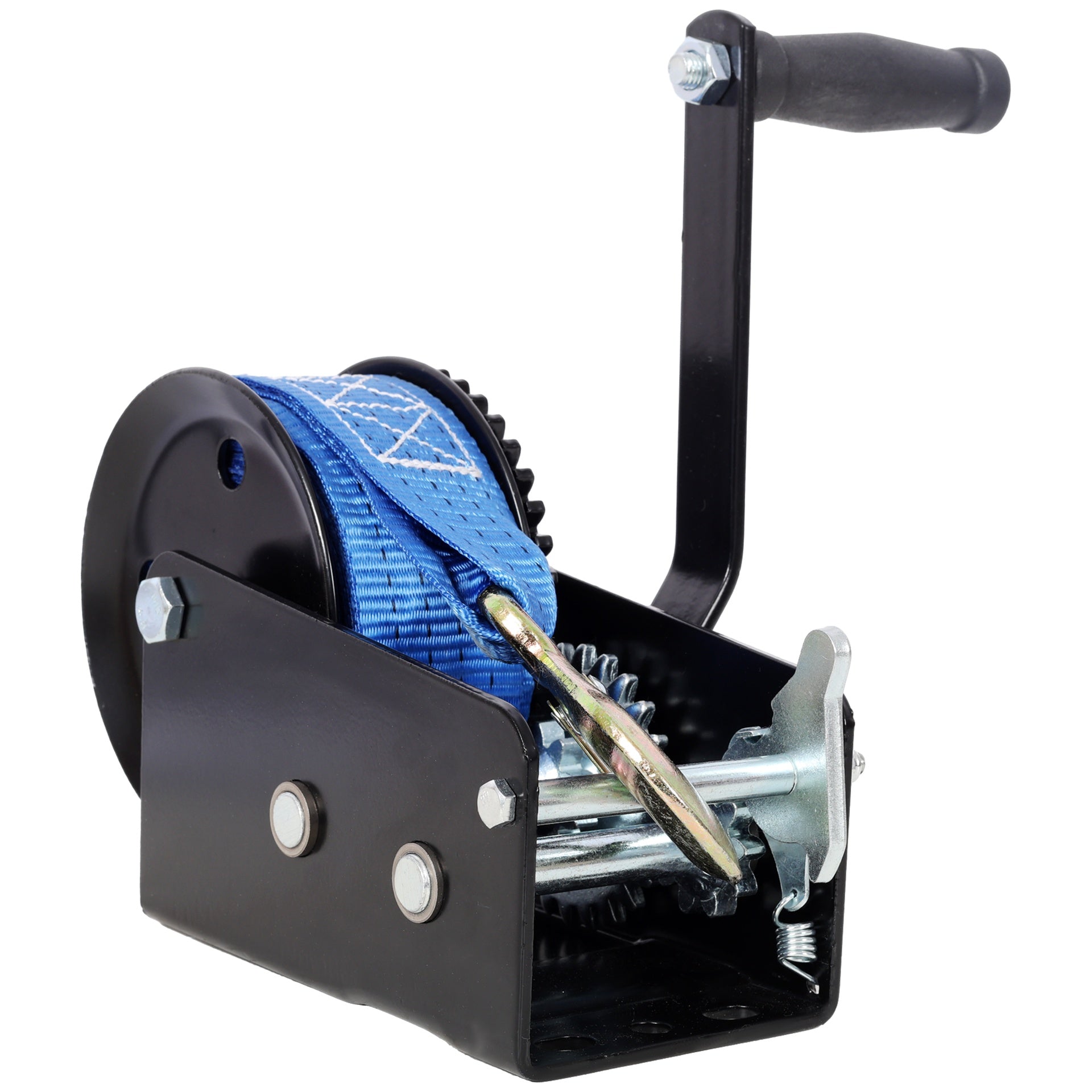 2000LBS Hand Winch,with 26FT Blue Strap,Black Shell,4.1:2.4:1 Gear Ratio Portable Winch,Two-Way Ratchet,Manual Operated Hand Crank Winch for Trailer, Boat or ATV Towing