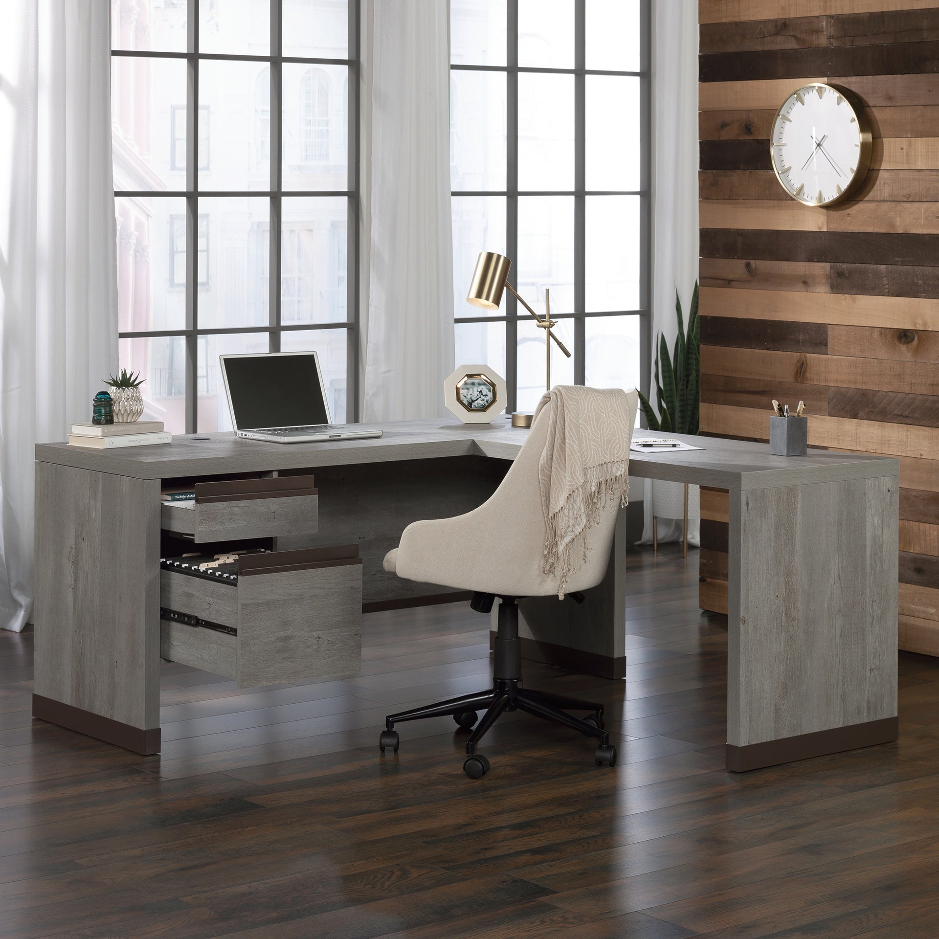 Contemporary L-shaped Desk with Two Lockable Drawers, Brown finish