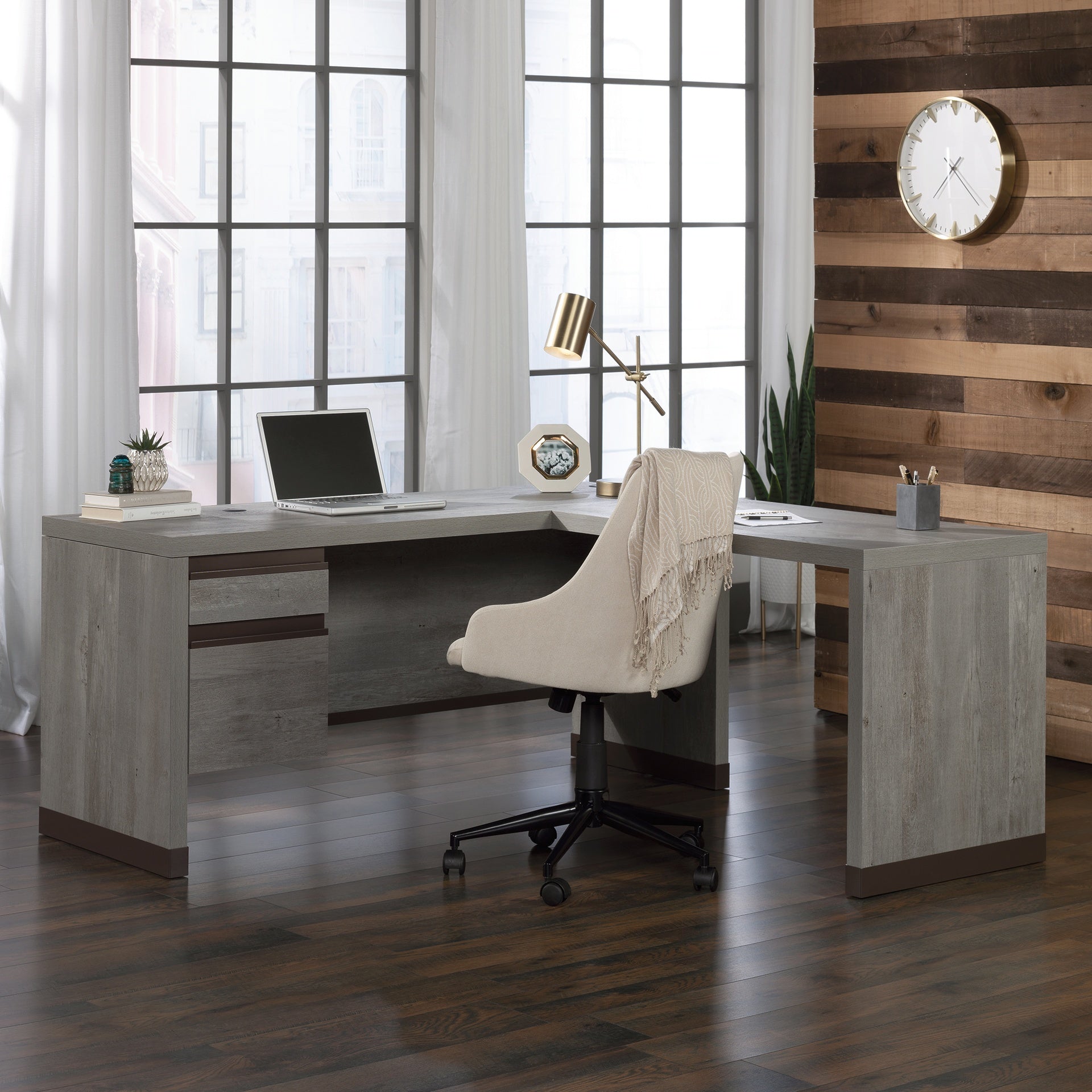 Contemporary L-shaped Desk with Two Lockable Drawers, Brown finish