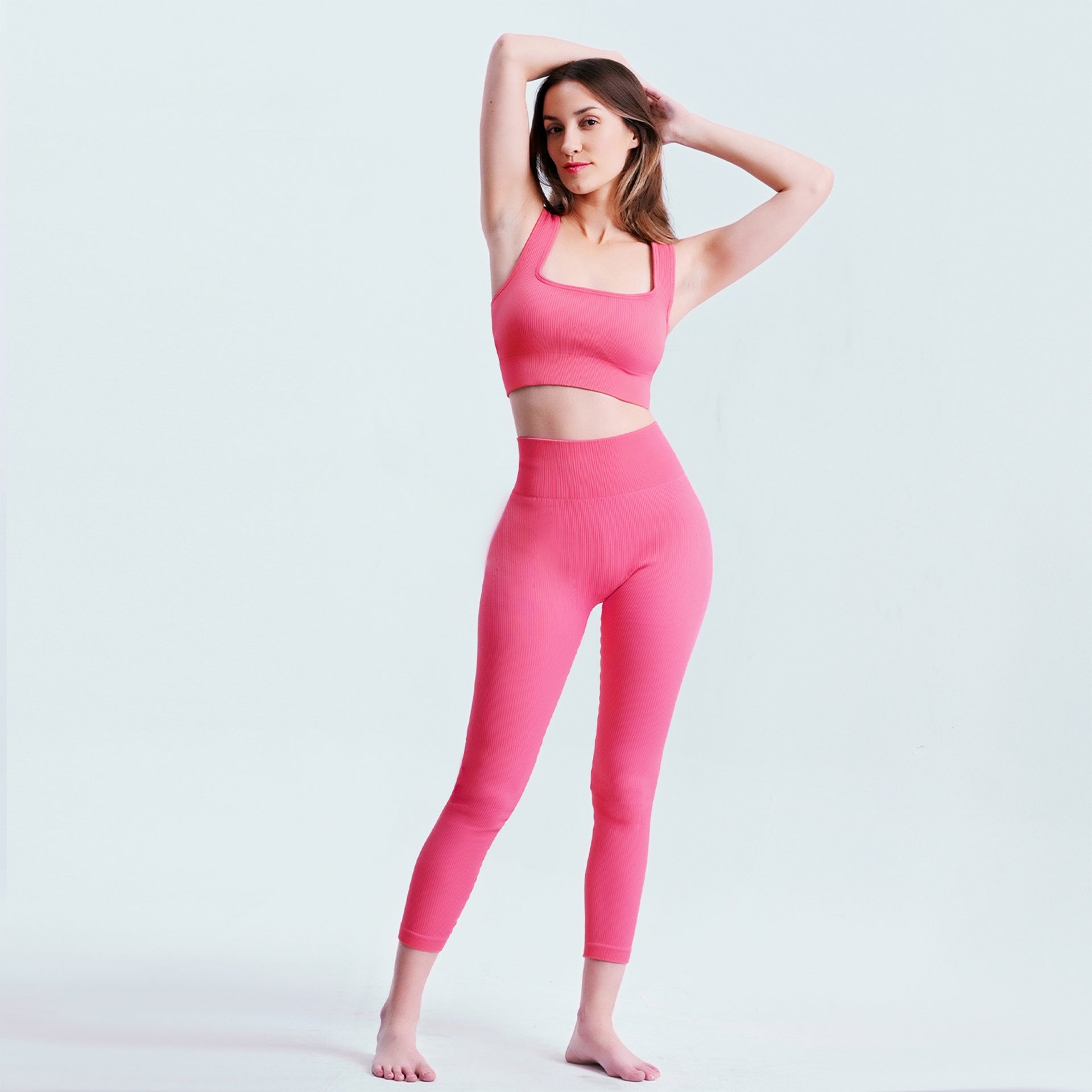 L Size Pink Yoga Ribbed Knit Crisscross Back Crop Sports Removable Cups, Cute Gym Wear Seamless Sports Bra Exercise Athletic Activewear Workout Women's Yoga Pants Leggings Ribbed Solid High-Waisted