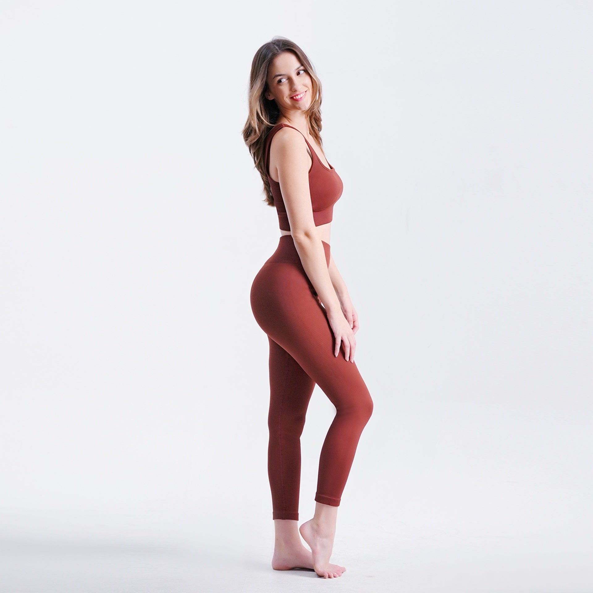 XL Size Coffee Yoga Ribbed Knit Crisscross Back Crop Sports Removable Cups, Cute Gym Wear Seamless Sports Bra Exercise Athletic Activewear Workout Women's Yoga Pants Leggings Ribbed Solid High-Waisted