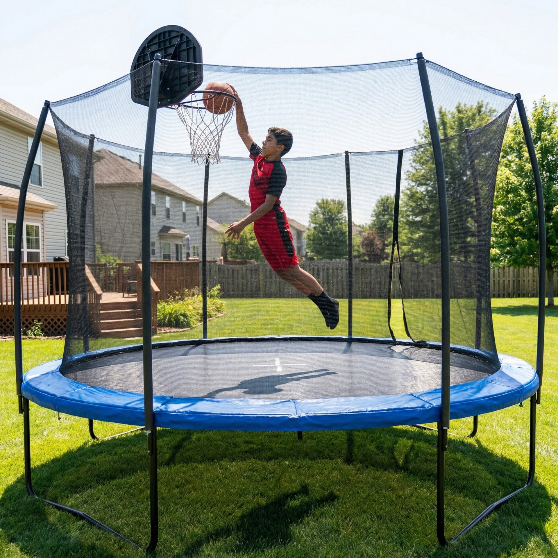 14 FT Pumpkin Trampoline, Outdoor Trampoline with Basketball Hoop, Enclosure Net and Ladder