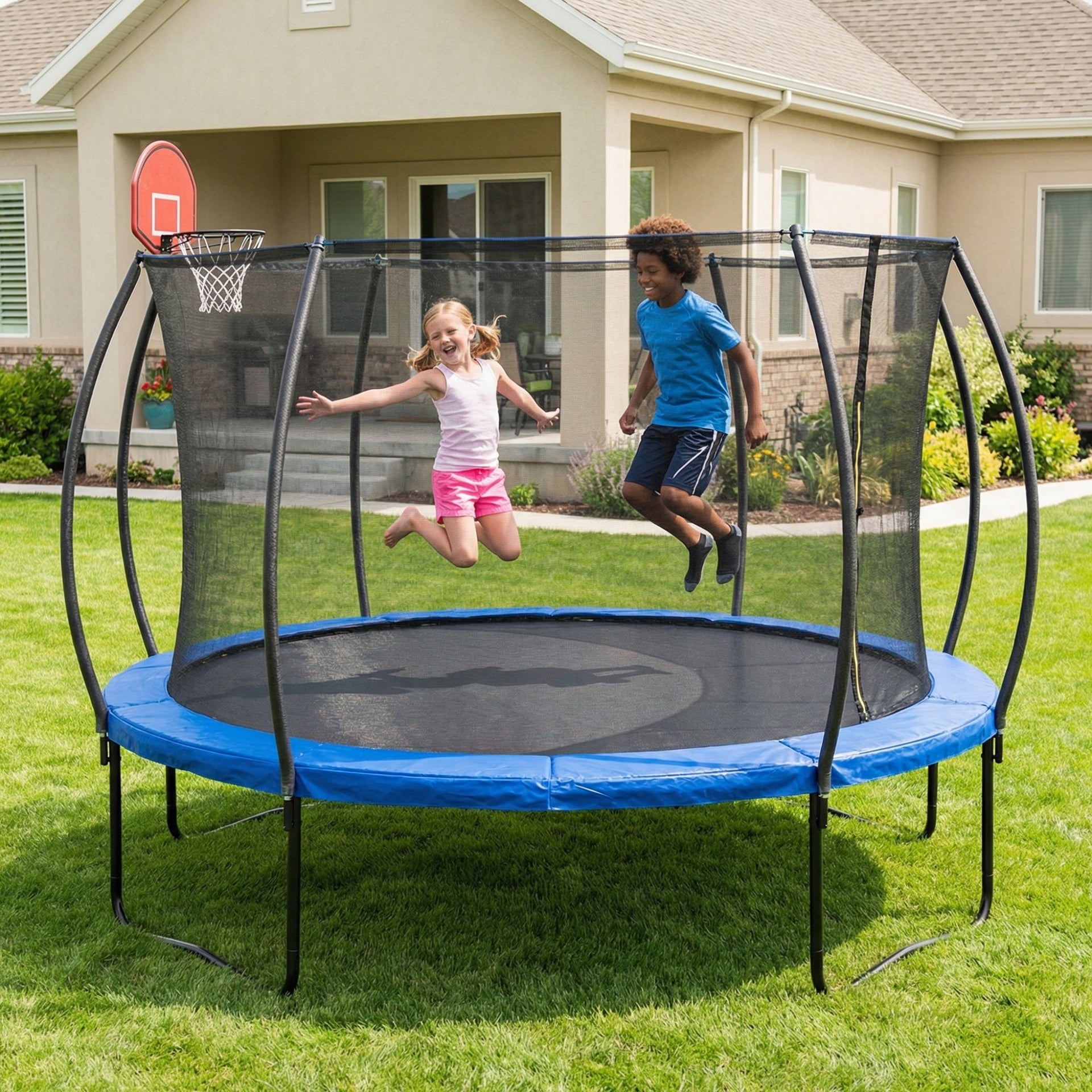 14 FT Pumpkin Trampoline, Outdoor Trampoline with Basketball Hoop, Enclosure Net and Ladder