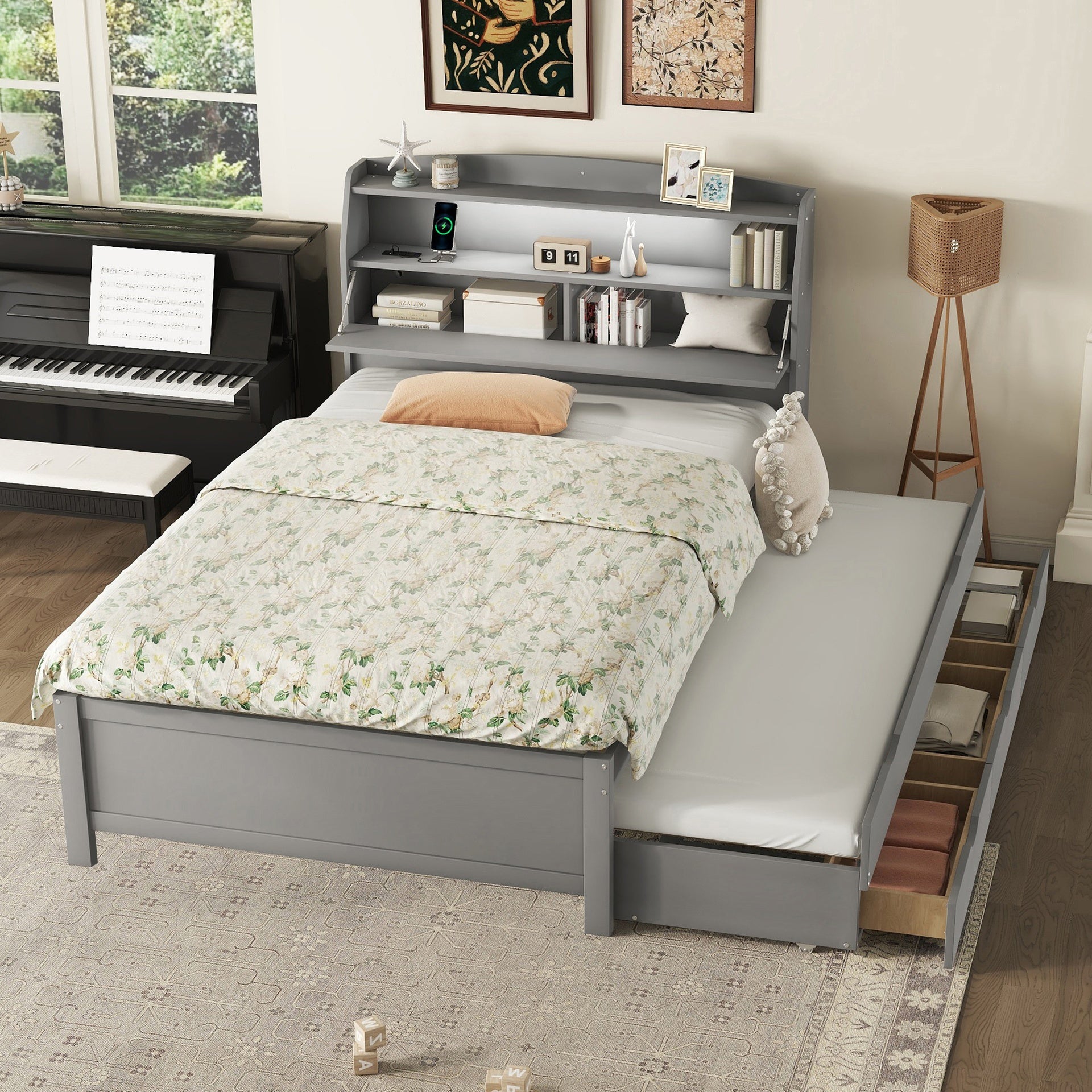 Full Size Wooden LED Platform Bed with Trundle, with Storage Headboard, with Drawers, Gray