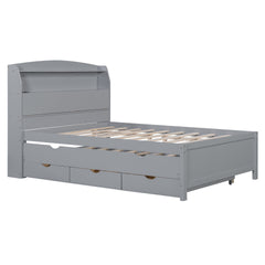Full Size Wooden LED Platform Bed with Trundle, with Storage Headboard, with Drawers, Gray