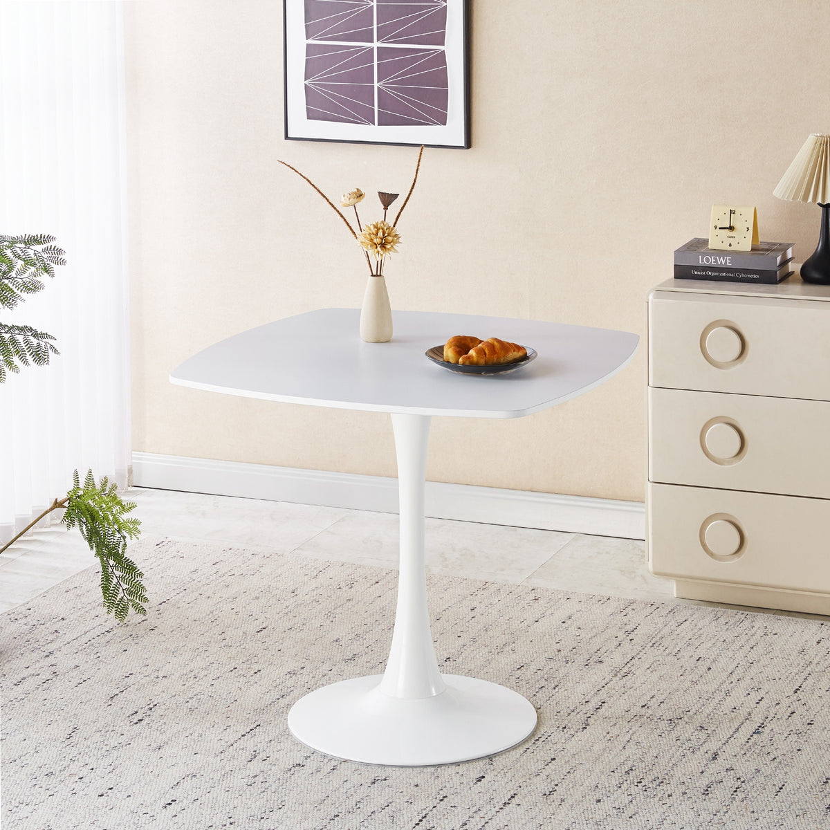 White Square Tulip Table for 2-3 Person, 24" Small Dining Table with Metal Pedestal Base, Modern Kitchen Table for Small Space, Apartment, Bistro, Cafe, Office & Living Room, Matte White MDF Top