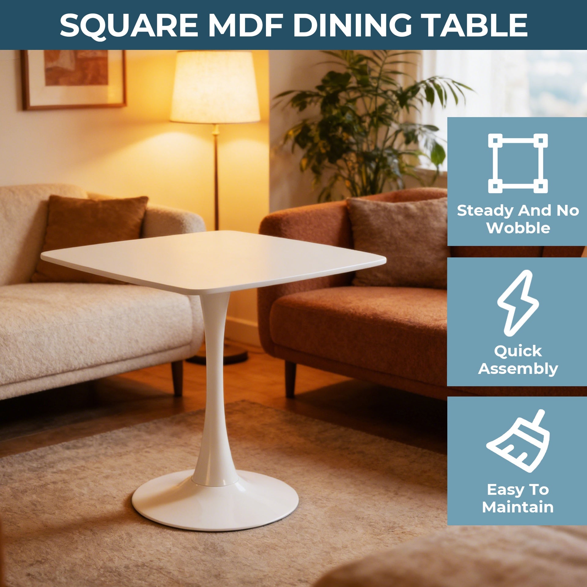 White Square Tulip Table for 2-3 Person, 24" Small Dining Table with Metal Pedestal Base, Modern Kitchen Table for Small Space, Apartment, Bistro, Cafe, Office & Living Room, Matte White MDF Top