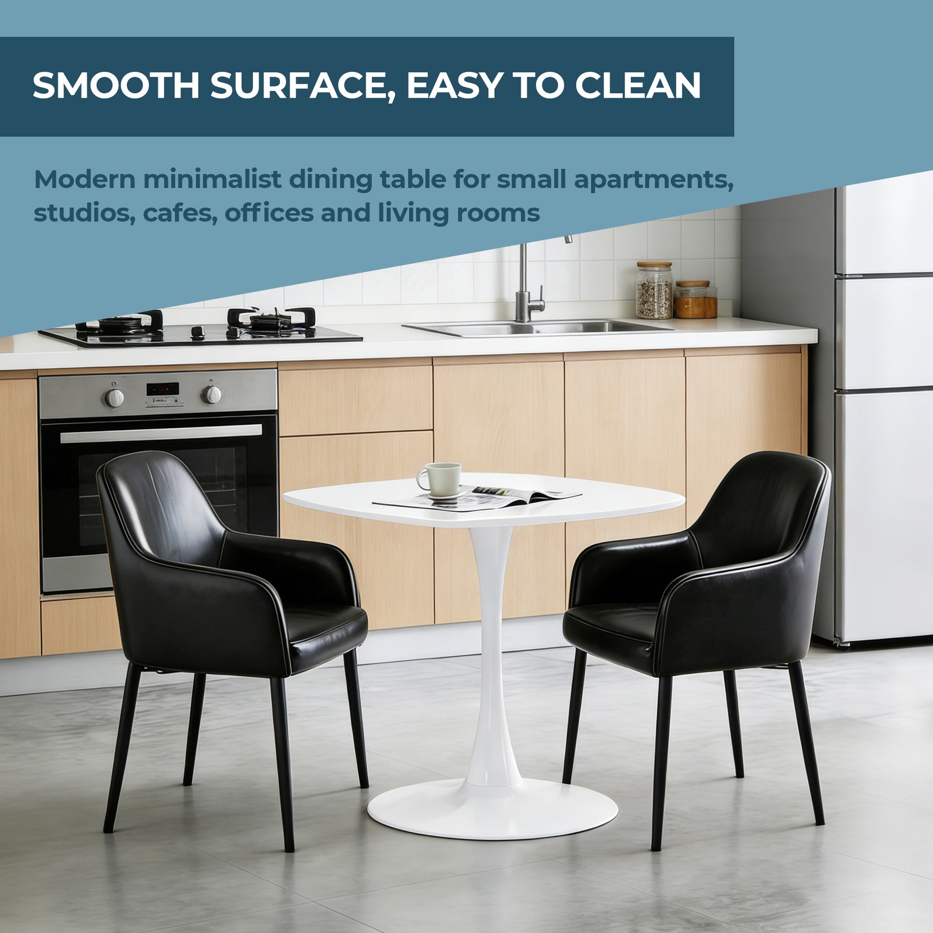 White Square Tulip Table for 2-3 Person, 24" Small Dining Table with Metal Pedestal Base, Modern Kitchen Table for Small Space, Apartment, Bistro, Cafe, Office & Living Room, Matte White MDF Top