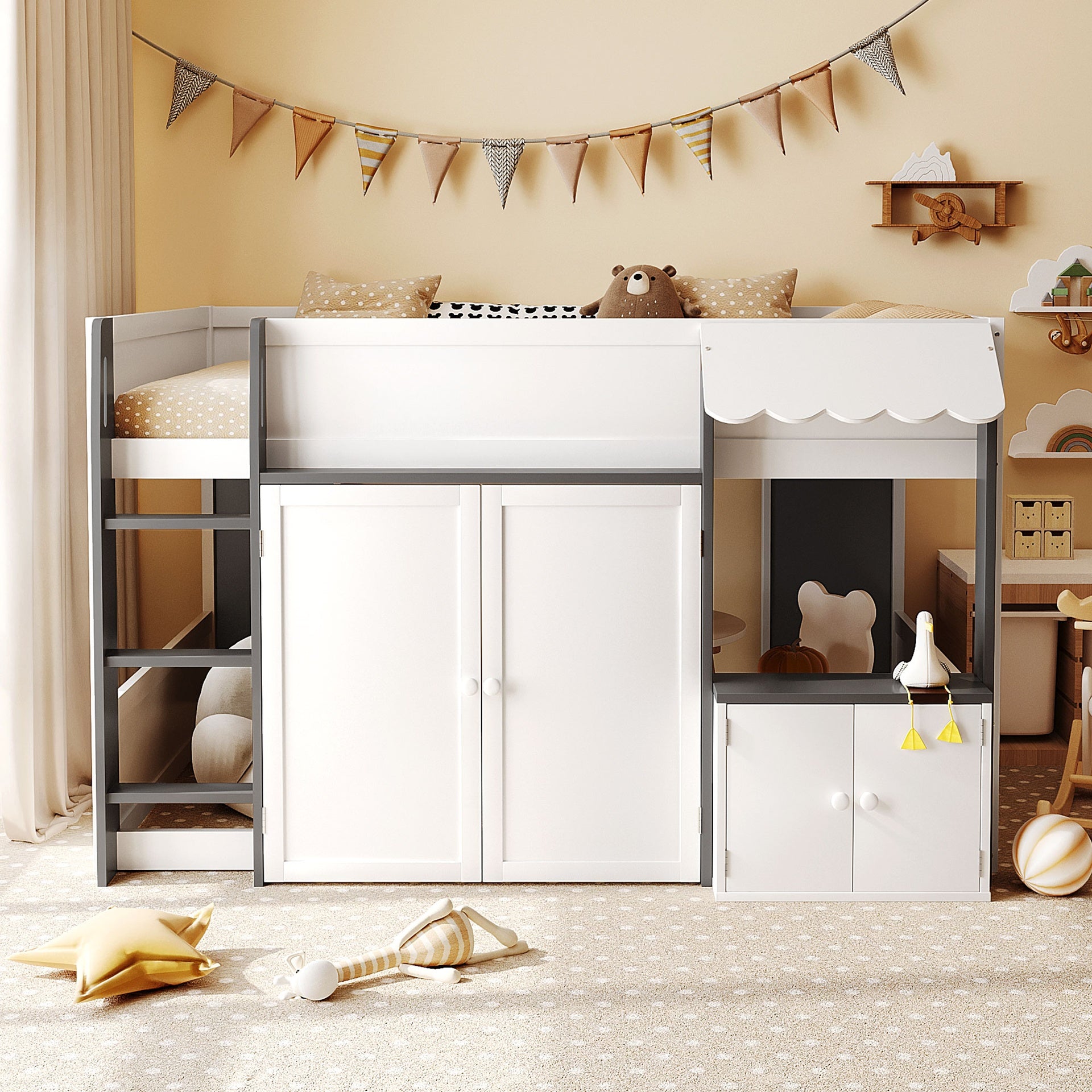 Full Loft House Bed with Playhouse & Storage, Modern Wood Cabin Bed for Kids/Teens, White+Gray
