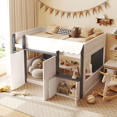 Full Loft House Bed with Playhouse & Storage, Modern Wood Cabin Bed for Kids/Teens, White+Gray