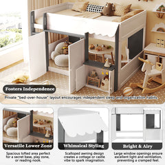 Full Loft House Bed with Playhouse & Storage, Modern Wood Cabin Bed for Kids/Teens, White+Gray