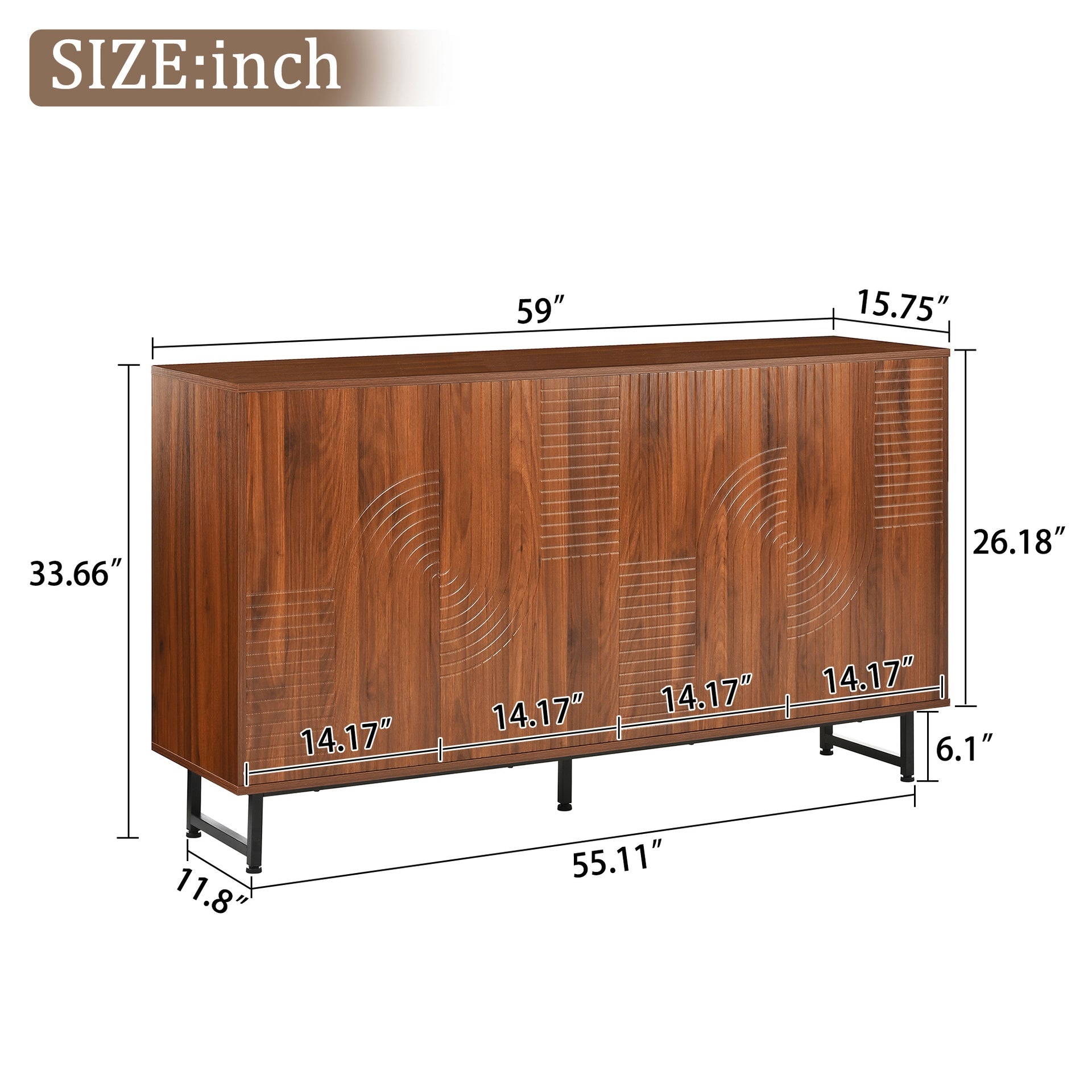 Mid-Century Modern Walnut Sideboard Buffet Cabinet, 59*16*33 inches Geometric Carved Storage Cabinet with Metal Legs, Multi-Purpose Credenza for Living Room, Dining Room, Entryway