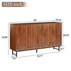 Mid-Century Modern Walnut Sideboard Buffet Cabinet, 59*16*33 inches Geometric Carved Storage Cabinet with Metal Legs, Multi-Purpose Credenza for Living Room, Dining Room, Entryway