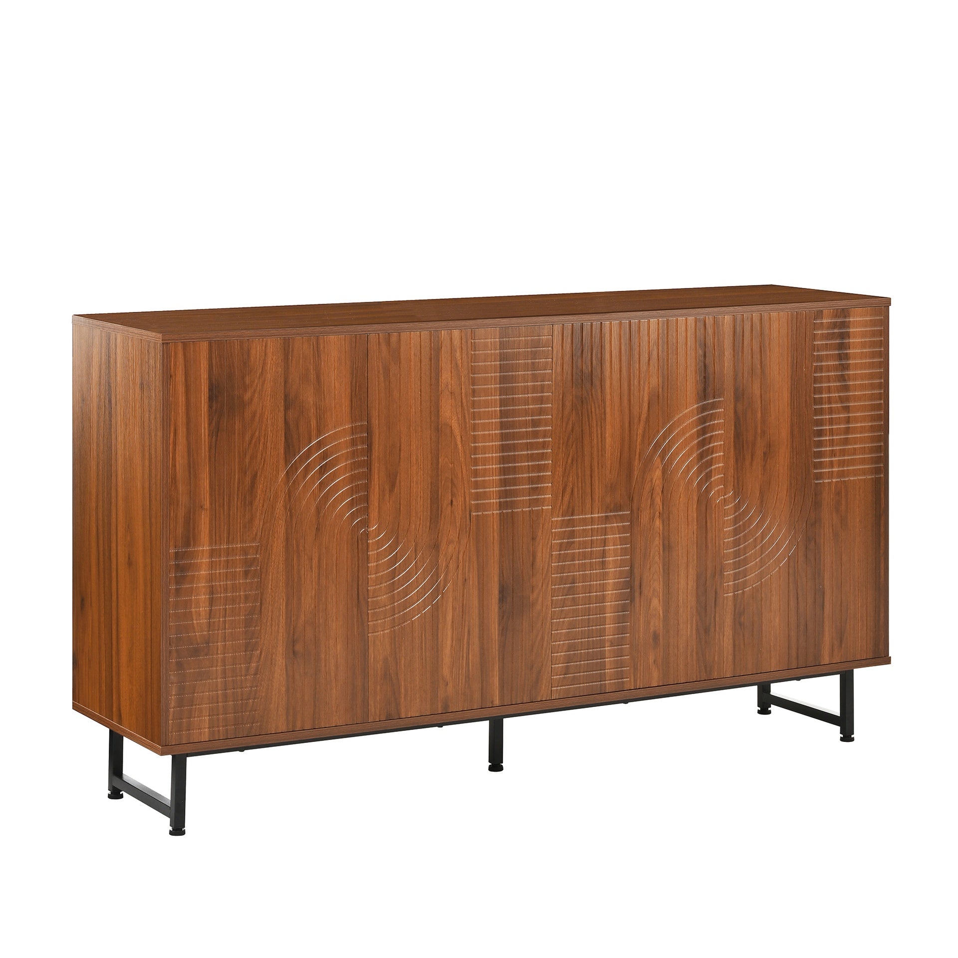 Mid-Century Modern Walnut Sideboard Buffet Cabinet, 59*16*33 inches Geometric Carved Storage Cabinet with Metal Legs, Multi-Purpose Credenza for Living Room, Dining Room, Entryway