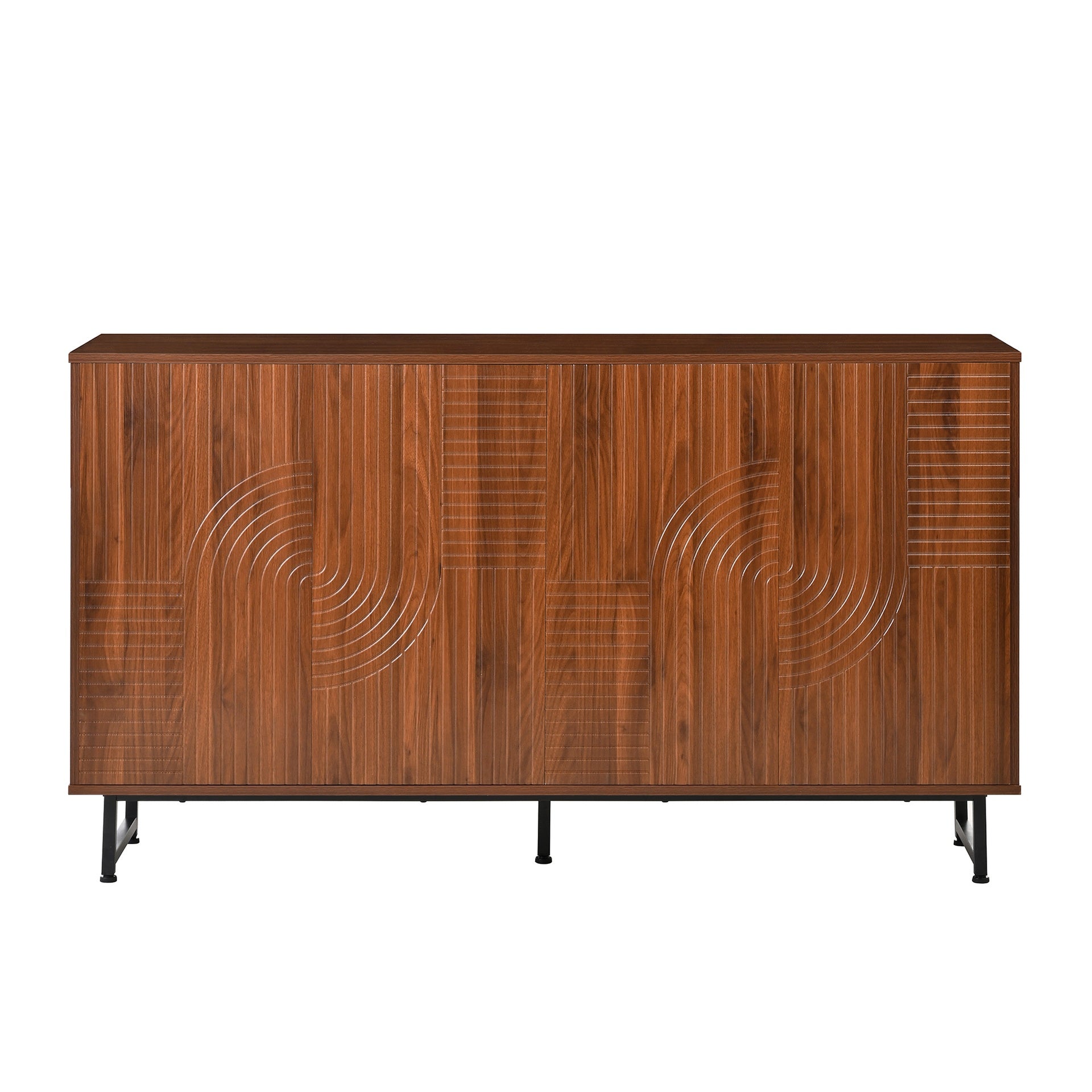 Mid-Century Modern Walnut Sideboard Buffet Cabinet, 59*16*33 inches Geometric Carved Storage Cabinet with Metal Legs, Multi-Purpose Credenza for Living Room, Dining Room, Entryway