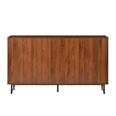 Mid-Century Modern Walnut Sideboard Buffet Cabinet, 59*16*33 inches Geometric Carved Storage Cabinet with Metal Legs, Multi-Purpose Credenza for Living Room, Dining Room, Entryway