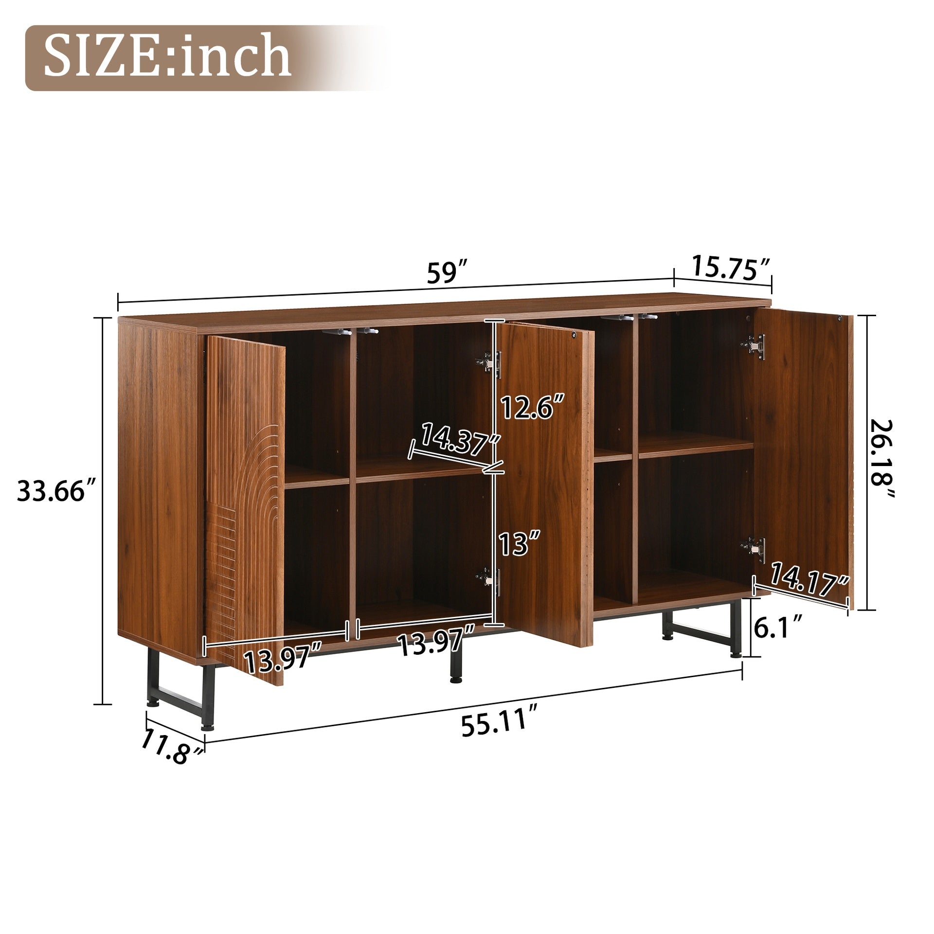 Mid-Century Modern Walnut Sideboard Buffet Cabinet, 59*16*33 inches Geometric Carved Storage Cabinet with Metal Legs, Multi-Purpose Credenza for Living Room, Dining Room, Entryway