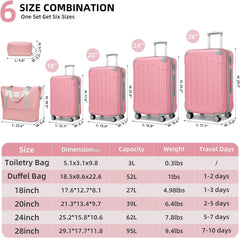 Luggage Sets 6 Piece with Duffel Bags, Hardside Expandable Suitcases with Spinner Wheels TSA Lock, Pink