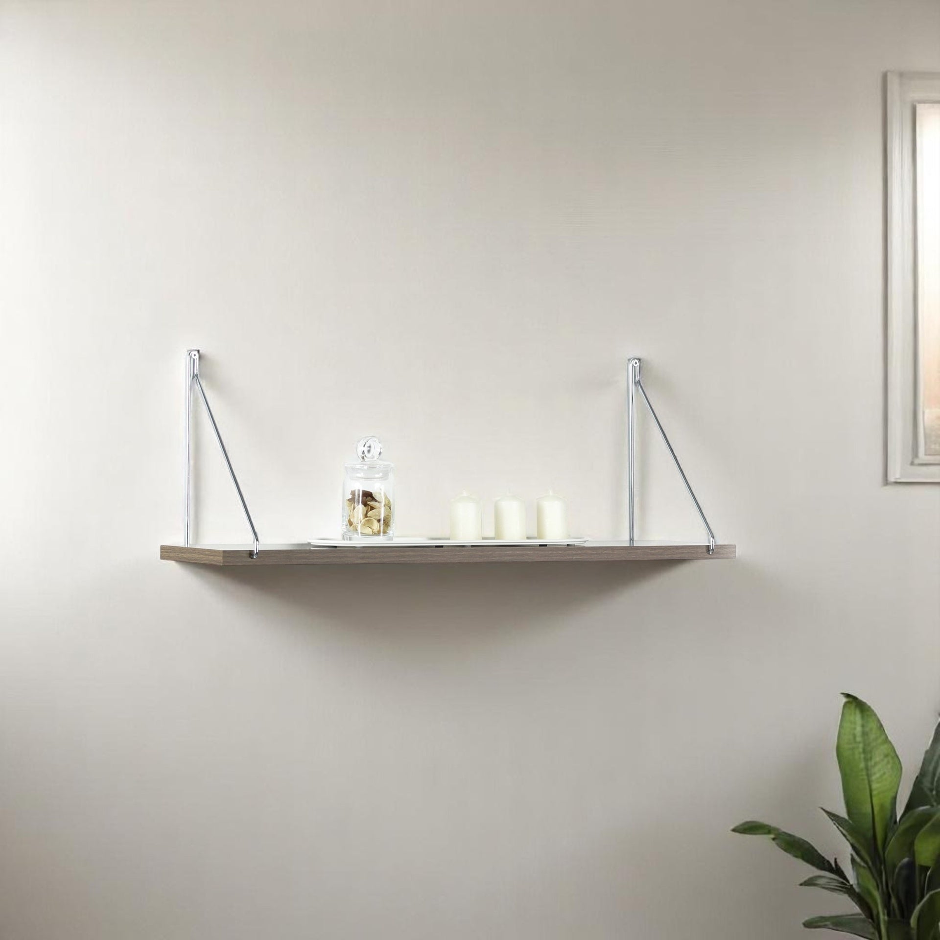 Palmer Floating Wall Decor Wall Mounted Rustic Decorative Hanging Metal Bracket Single Shelf for Books, White/Chrome