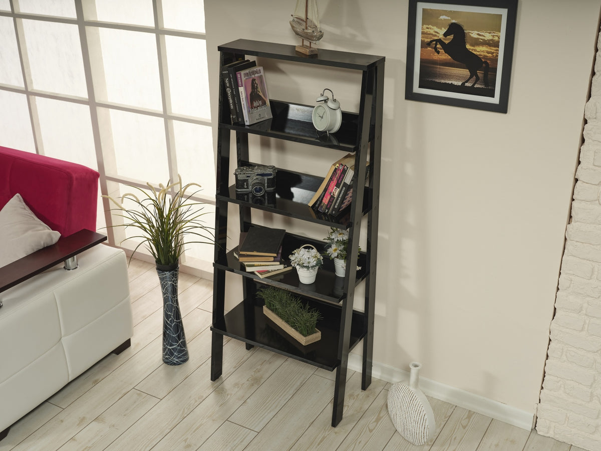 Furnish Home Store Otavio 5 Tier Modern Ladder Bookshelf Organizers, Wood Frame Bookshelf for Small Spaces in Your Living Rooms, Office Furniture Bookcase, Black