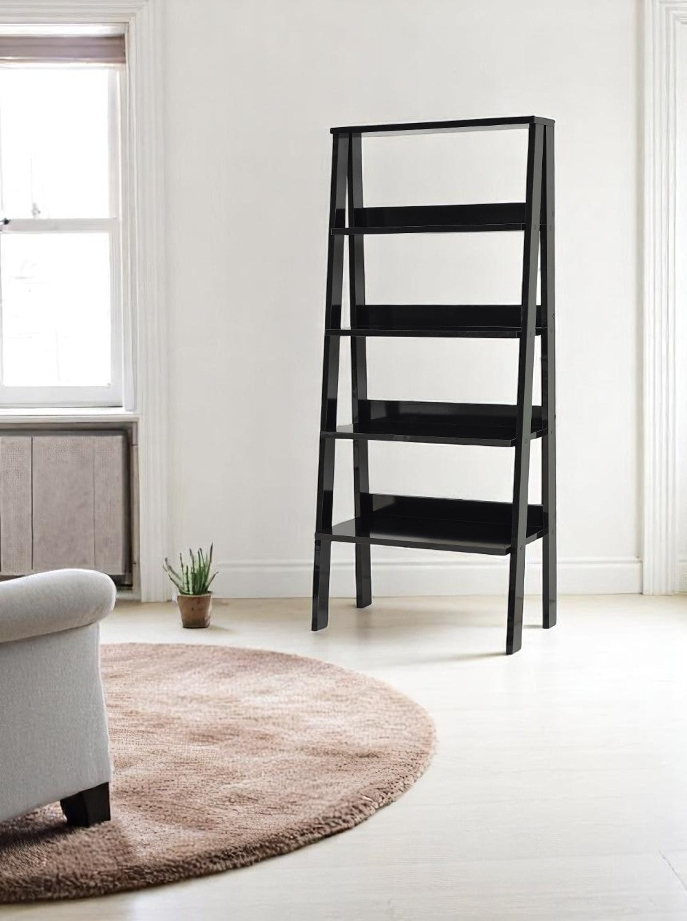Furnish Home Store Otavio 5 Tier Modern Ladder Bookshelf Organizers, Wood Frame Bookshelf for Small Spaces in Your Living Rooms, Office Furniture Bookcase, Black