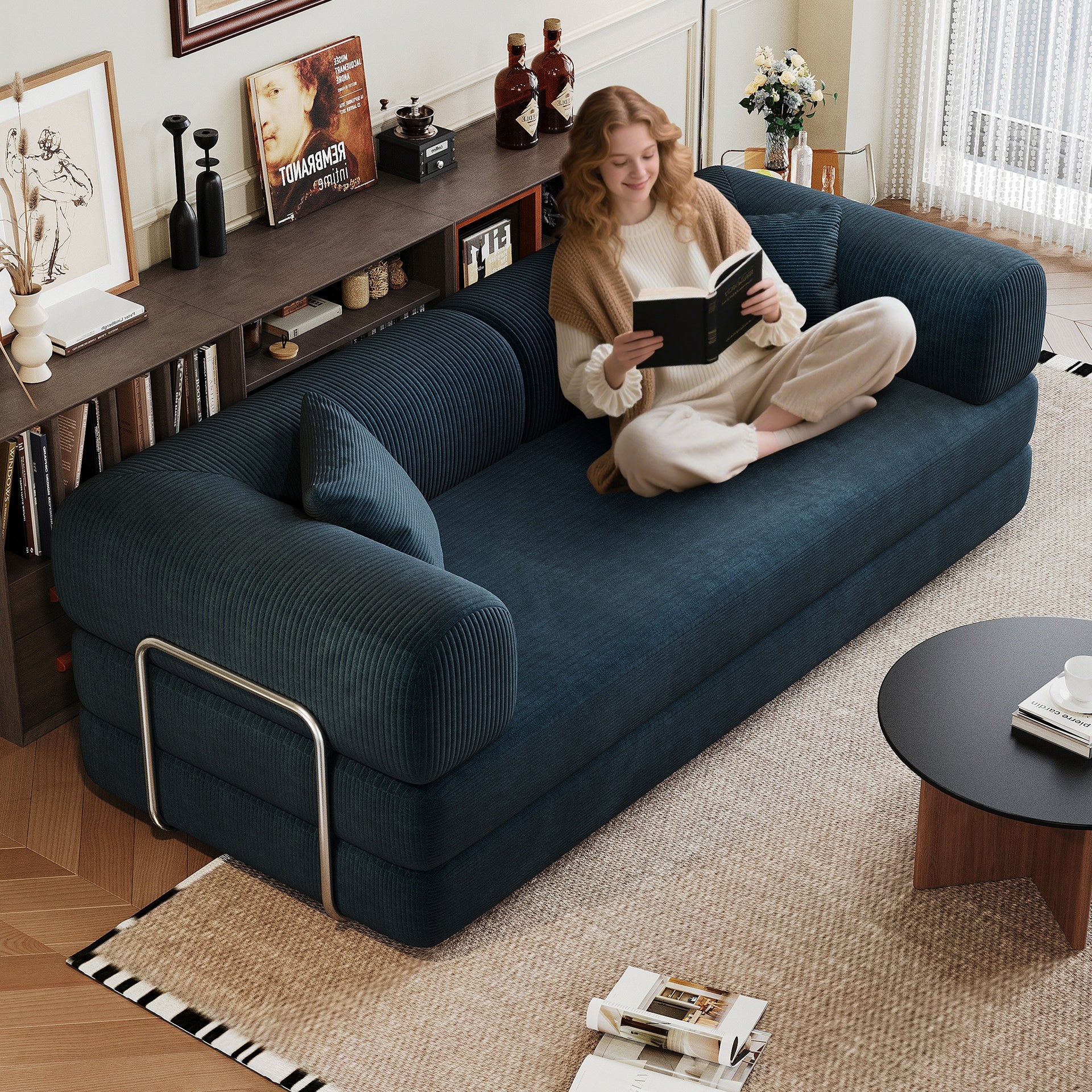 78.8" Compression Sofa,Convertible Floor Sofa Bed-with Pillow Back Support Armrest,Comfy Futon Couch Sleeper Bed,Loveseats Boneless Modular Sectional Sofa,Corduroy fabric,for Living Room,Bedroom,Blue