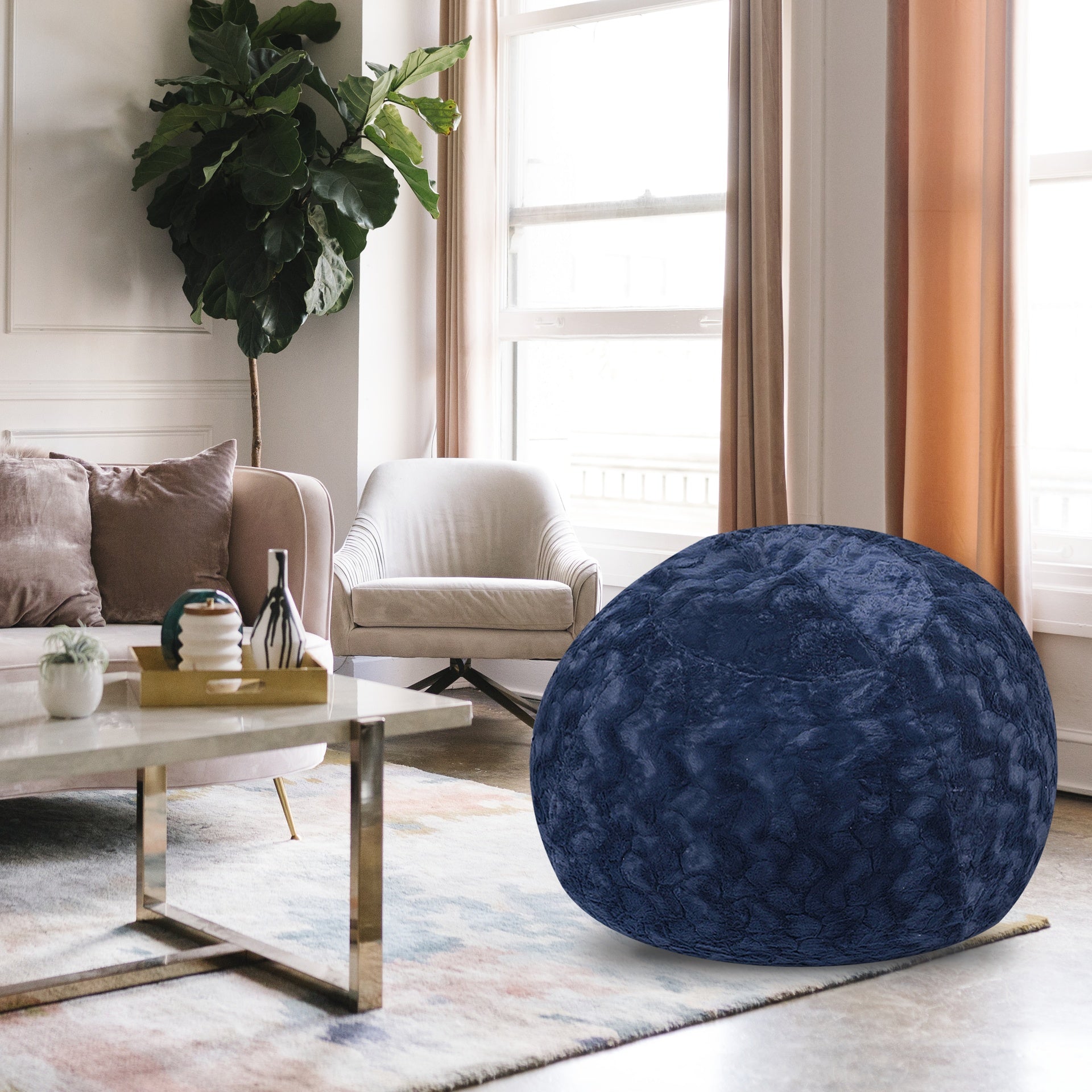 Faux Fur Bean Bag Chair, Navy-5ft Cozy and Stretchable Fabric Lounger for Children and Adults with Easy-Clean Cover, Comfortable Faux Fur Seating for Bedrooms, Filled with Shredded and Memory Foam.