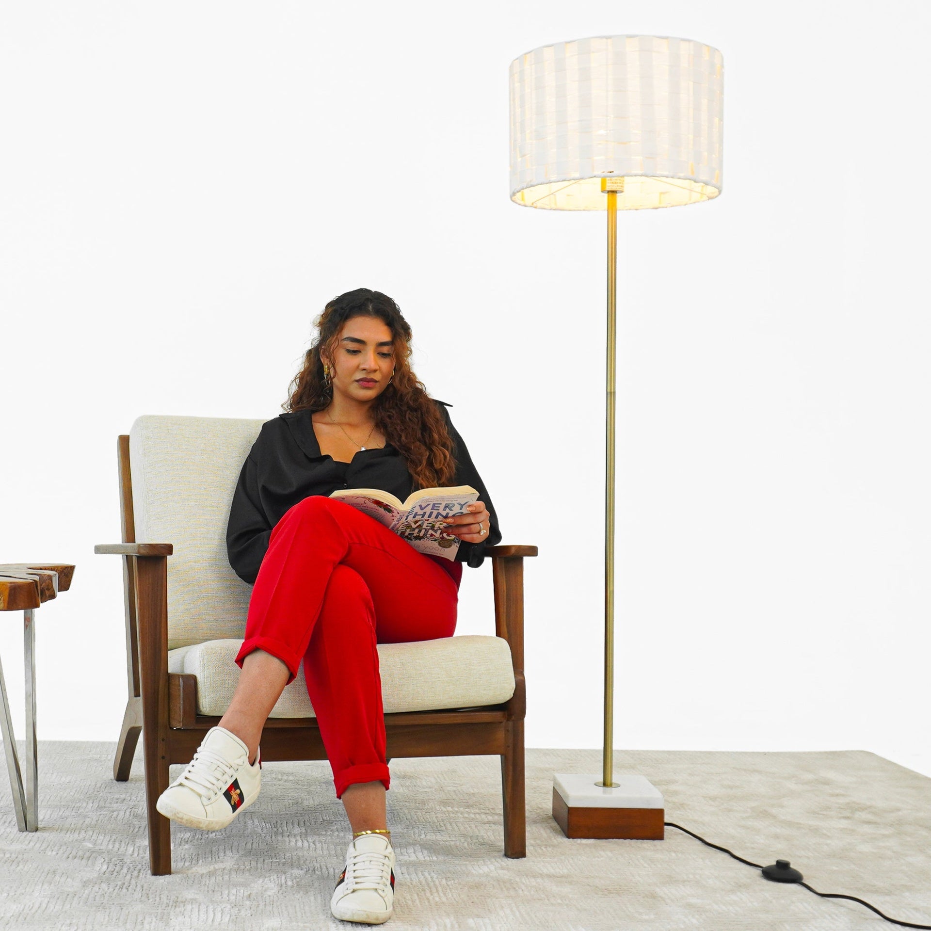 Minimalist Floor Lamp, Slim Standing Light with Neutral Shade for Contemporary Living Room & Bedroom Ambience Viora Marble Base Floor Lamp - Dark Brown and White 110V