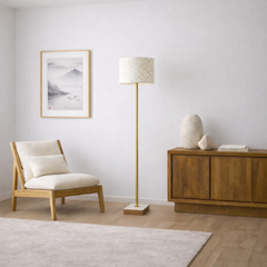 Minimalist Floor Lamp, Slim Standing Light with Neutral Shade for Contemporary Living Room & Bedroom Ambience Viora Marble Base Floor Lamp - Dark Brown and White 110V