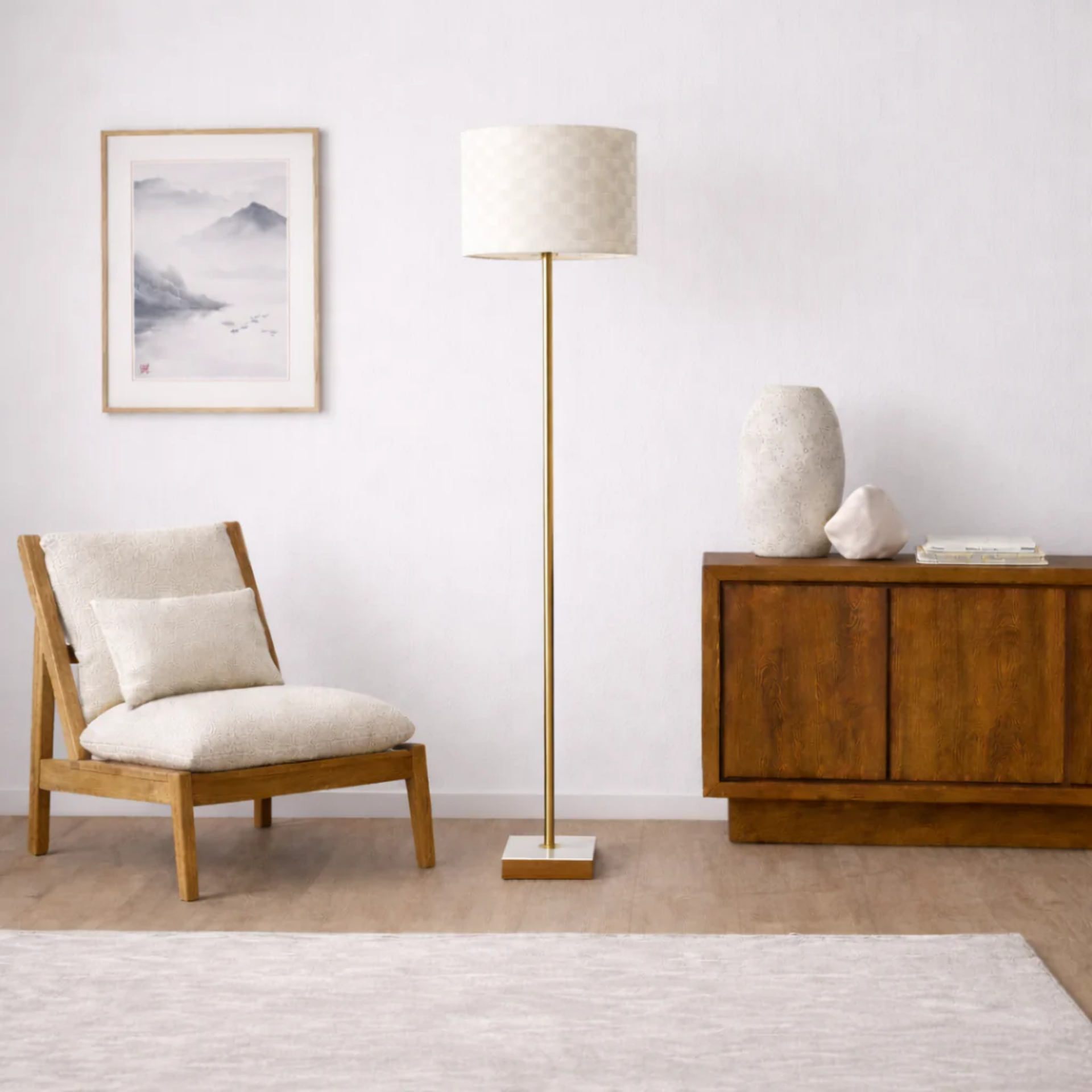 Minimalist Floor Lamp, Slim Standing Light with Neutral Shade for Contemporary Living Room & Bedroom Ambience Viora Marble Base Floor Lamp - Dark Brown and White 110V