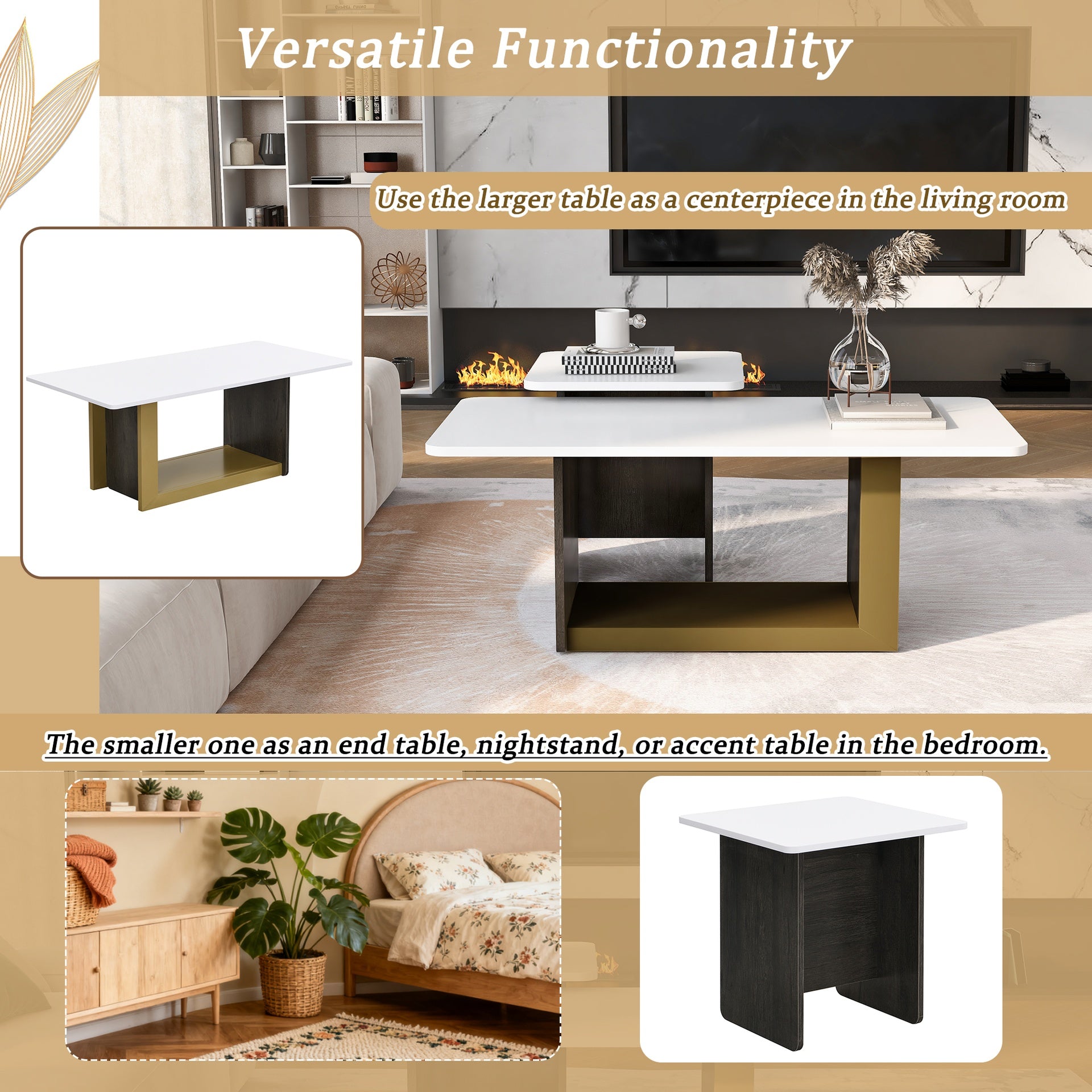 VIBE HAUS Modern Light Luxury Coffee Table Set of 2, Small Square Coffee End Table with Spacious Top, Center Table for Living Room