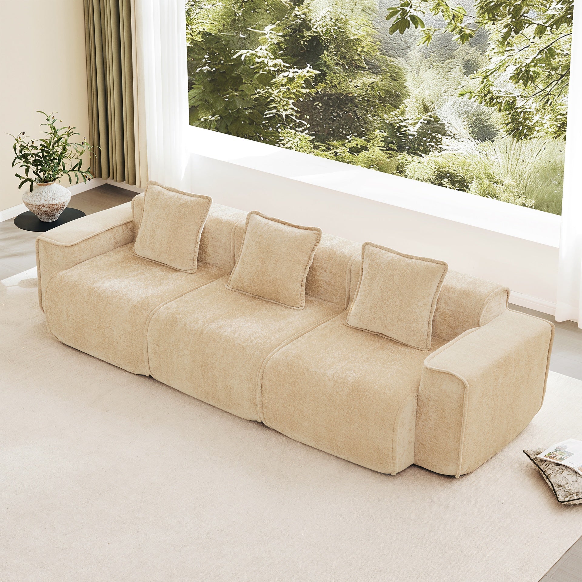 Streamlined Design Deep Seat Modular 3 Seat Boneless Sofa with French Edge Piping,No Assembly Required, Modern Modular 3-Seat Sofa Couch with Throw Pillows,Velvet Fabric Light Camel