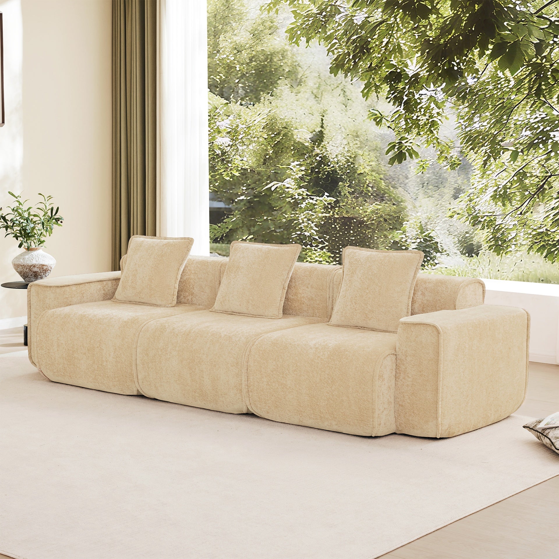 Streamlined Design Deep Seat Modular 3 Seat Boneless Sofa with French Edge Piping,No Assembly Required, Modern Modular 3-Seat Sofa Couch with Throw Pillows,Velvet Fabric Light Camel