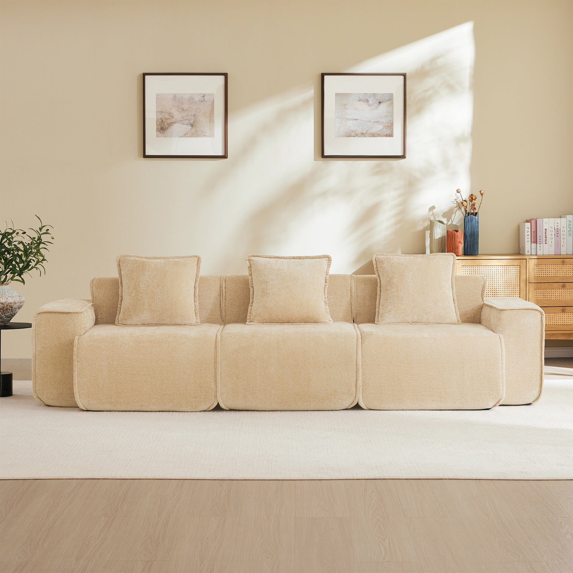 Streamlined Design Deep Seat Modular 3 Seat Boneless Sofa with French Edge Piping,No Assembly Required, Modern Modular 3-Seat Sofa Couch with Throw Pillows,Velvet Fabric Light Camel