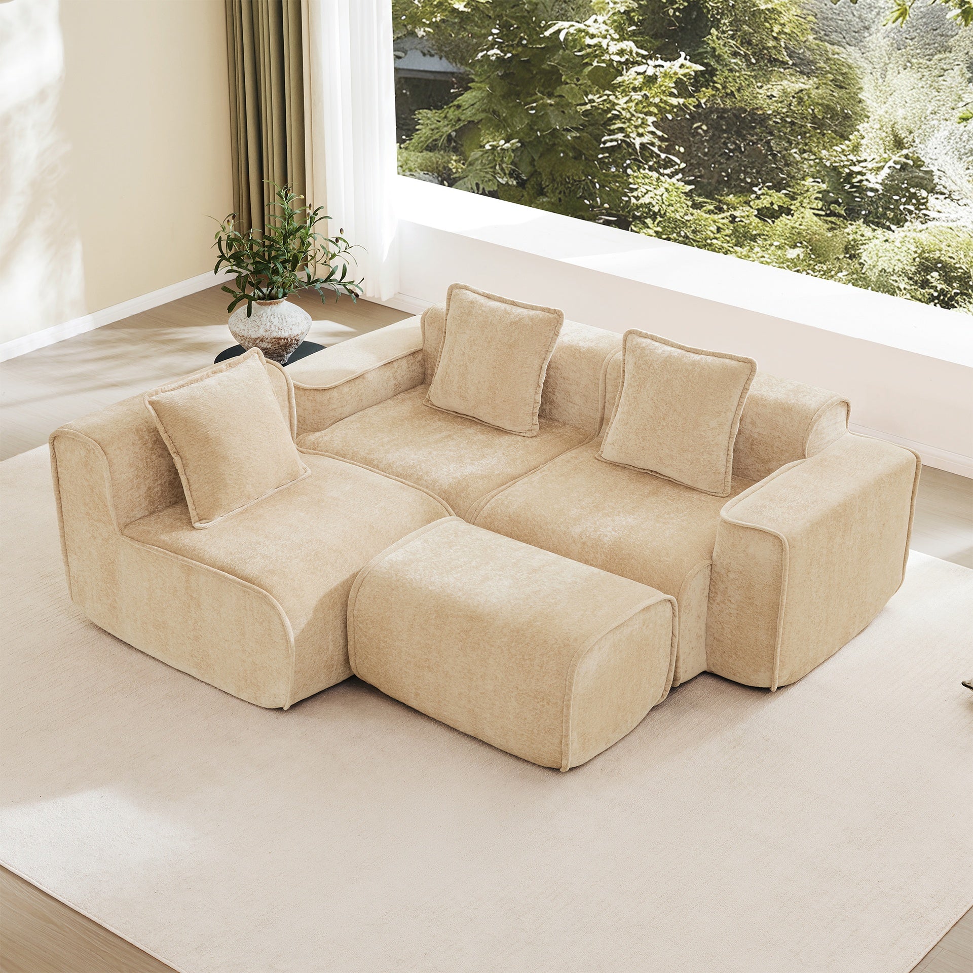 Streamlined Design Modular 3 Seat L Shape Sectional Boneless Sofa with French Edge Piping, No Assembly Required, 3-Seat Sofa Couch with Throw Pillows and 1 Movable Ottoman, Velvet Fabric Light Camel