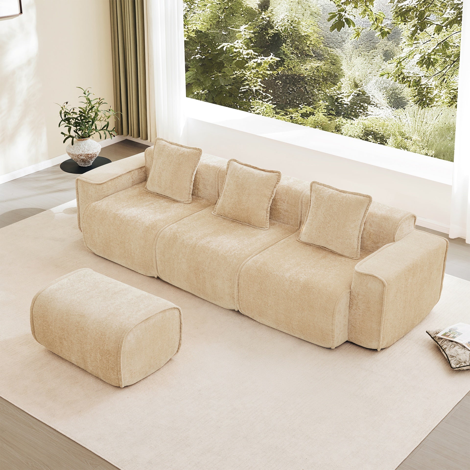 Streamlined Design Modular 3 Seat L Shape Sectional Boneless Sofa with French Edge Piping, No Assembly Required, 3-Seat Sofa Couch with Throw Pillows and 1 Movable Ottoman, Velvet Fabric Light Camel